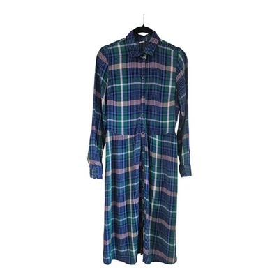 Old Navy XS Shirt Dress Blue Green Plaid Light Gauzy Button Up Elastic Waist  - Image 1 of 4