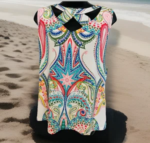 New York & Co Misses Large Tunic Multi Color Paisley Knit Sleeveless New Modern - Picture 1 of 8