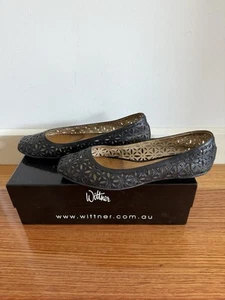 Wittner Black Cut Out Leather Flats Sz37 Fits7.5 38 Foot Size - Picture 1 of 6