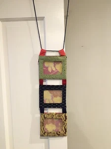 Set of 3 Vertical Fabric Collage Picture Frames on Hanging Rope for Wall Display - Picture 1 of 6