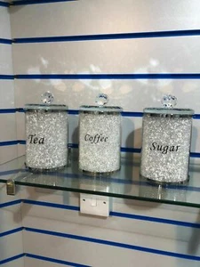 XL WHITE CRYSTAL TEA COFFEE SUGAR CANISTERS JARS STORAGE CRUSHED DIAMOND SPARKLE - Picture 1 of 1