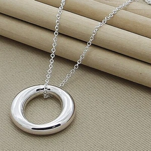 925 Sterling Silver Round Circle Pendant Necklace Chain Women Wedding Fashion - Picture 1 of 3
