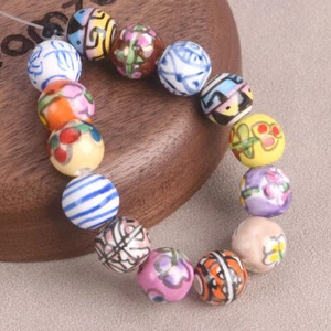 10pcs Hand Painted Flower Round 10mm Handmade Ceramic Porcelain Loose Beads Lot - Picture 1 of 24