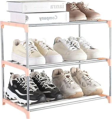 3-Tier Small Shoe Rack Narrow Stackable Shelf Organizer for Closet Entryway Pink - Image 1 of 4