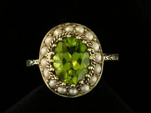 C827 Genuine 9ct Gold Natural PERIDOT & PEARL Halo Cluster Ring made in yr size - Picture 1 of 7