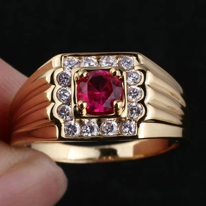 Herren Ring Gold Finish 925 Sterling Silber runder Stein Größe Freund Geschenk - Bild 1 von 10