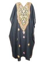 Black Flowy Maxi Kaftan Floral Embroidery Loose Holiday Housedress Caftan 3X