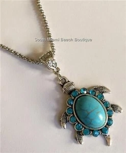 Silver Turquoise Sea Turtle Necklace Pendant Crystals Stone Nautical USA Seller - Picture 1 of 7