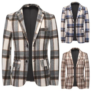 Chaqueta de vestir forrada a cuadros de un solo pecho para hombre Traje Blazer Abrigo Prendas para el torso Bolsillo - Imagen 1 de 14