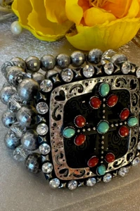 Native American Silver Filigree Hearts Gemstones Cross Wedding Bracelet Navajo* - Picture 1 of 6