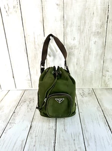PRADA Mini DUET GREEN VELA NYLON BROWN Saffiano Trim Drawstring Bucket # 31 /28 - Picture 1 of 15