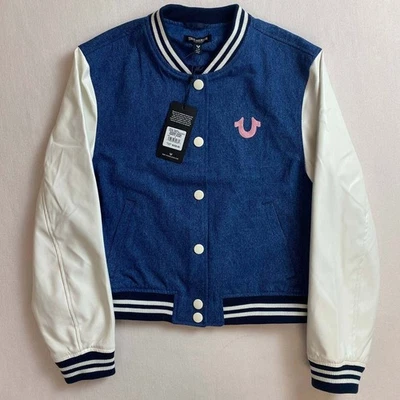 True Religion Varsity 飞行员夹克海军蓝刺绣标志女式 L 码全新带标签 — 第 1/4 张图片