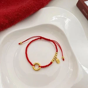 Adjustable Red Rope Bracelet in Gold Plated Alloy with Peace Design for Women - Picture 1 of 7