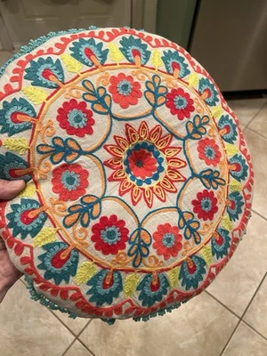 15” Round KARMA LIVING Embroidered Flowers Throw Pillow ~Bright Colors Hippy - Image 1 of 4