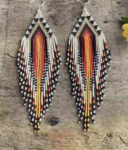 Tribal Earrings Native Large Boho American Seed Beads Handmade Earring - Picture 1 of 2