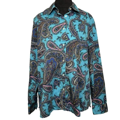 Talbots Blouse Women XL Turquoise Blue Paisley Floral Button Up Long Sleeve - Изображение 1 из 4
