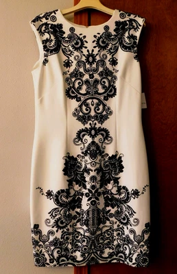 Liz Claiborne NWT! Sheath Sleeveless Dress White W/ Black Floral Paisley Design - Image 1 of 4