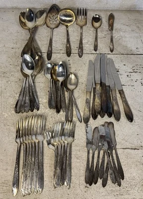 61шт лот винтажный Rogers Oneida посеребренные столовые приборы комплект лента роза цветочный - Изображение 1 из 4