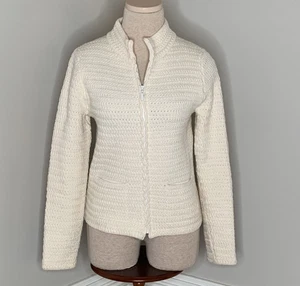 Suéter Eileen Fisher Tejido Frontal Cremallera Bolsillos Color Crema Mezcla Lana Talla Pequeña - Imagen 1 de 10
