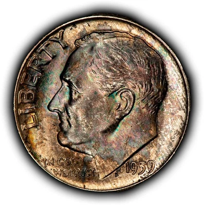 1959 10c Silver Roosevelt Dime - Deep Rainbow Accent Toning - BU - SKU-Z6367 - Image 1 of 4