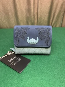 NWT Stitch Disney Loungefly Blue Embroidered Floral Trifold Wallet - Picture 1 of 15