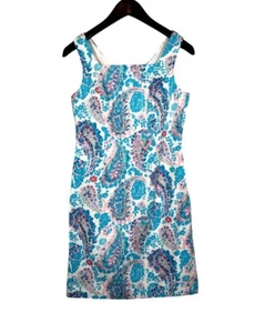 Abito tubino Talbots blu verde paisley piqué senza maniche foderato affresco taglia 2P - Foto 1 di 8