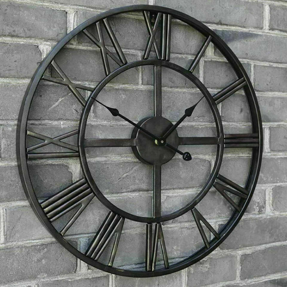 60CM Large Outdoor Garden Wall Clock Big Roman Numerals Giant Open Face Metal - Image 1 of 4