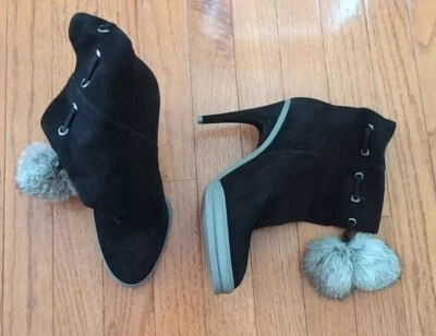 BCBG Max Azria 真毛皮天然兔子高跟鞋踝靴橡胶 7.5 黑色  — 第 1/4 张图片