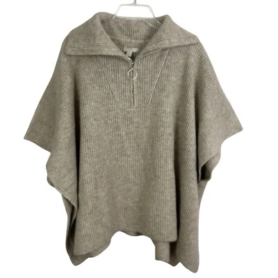 LOFT Nuevo SUÉTER PONCHO M L Gran Tamaño Beige Lana 1/4 Cremallera Lagenlook Cuello Alto Foto 1 de 4
