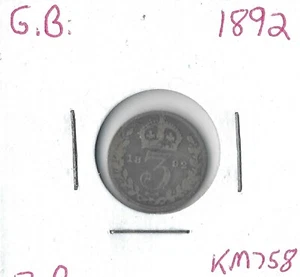 Coin Great Britain 3 Pence 1892 KM758, silver, Victoria - Picture 1 of 3