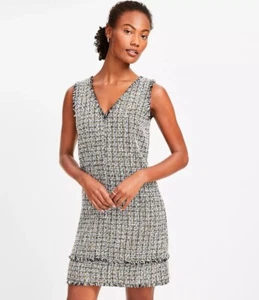 NWT Ann Taylor Loft Metallic Fringe Tweed Shift Mini Dress 10 Black White - Picture 1 of 11