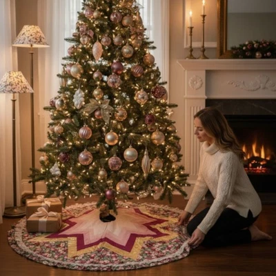 Tree Skirt Christmas Quilted Victorian Cabbage Rose Lace Ruffles  Patchwork 47" - Image 1 of 4