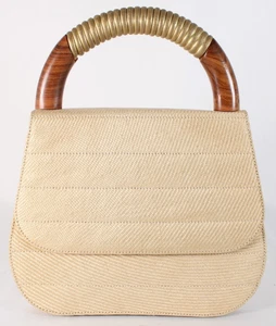 GIVENCHY Vintage Beige Woven Straw Wood & Gold Leather Wrapped Top Handle Bag - Picture 1 of 22