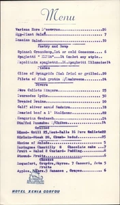 1960s CORFU, GREECE vintage dinner menu in English (#1) HOTEL XENIA Greek Island - Picture 1 of 1