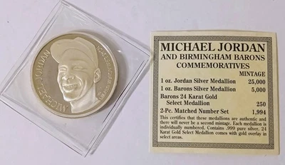 Moneda de plata Michael Jordan 1994 .999 de 1 onza oz medio ambiente Birmingham Barons Foto 1 de 3