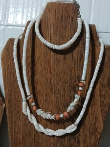 Vintage weiße Puka Muschel Heishi + Koralle Halskette Armband Surf Boho Ureinwohner Südwesten - Bild 1 von 12