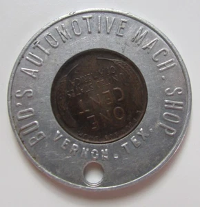 1947 1c Penny Token Vernon TEX encased cent Bud's Automotive Mach. Shop Texas - Bild 1 von 2