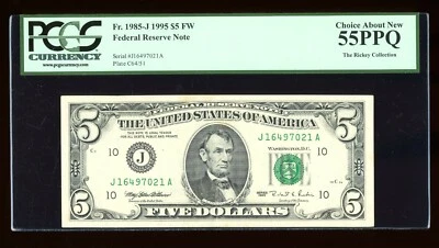 DBR 1995 $5 FRN Kansas City Fr. 1985-J PCGS 55 PPQ Serial J16497021A - Image 1 of 2