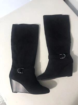 Botas altas de cuña de gamuza negras LAURA ASHLEY para mujer talla 8,5 M estilo emperatriz ¡con CAJA! Foto 1 de 4