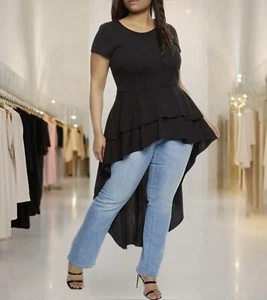 🗳️Peplum Top Women’s Plus Size Black Crew Neck Short Sleeve Ruffles Size 3X - Picture 1 of 6