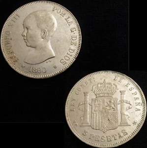 SPAIN, 650-ALFONSO XIII, 5 PESETAS 1890*18-90, MADRID MP M, SILVER, GXF. - Picture 1 of 3
