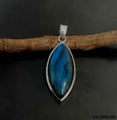 Ciondolo GRANDE in argento sterling 925 con labradorite naturale artigianale ... - Immagine 1 di 4
