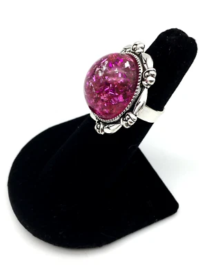 Artisan Magenta & Silver Flake Dome Lucite SilverTone Adjustable Ring, Size 7-9 - Image 1 of 4