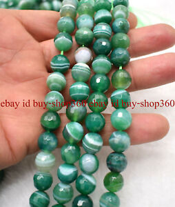 Faceted 6/8/10/12mm Green Striped Agate Round Gemstone Loose Beads 15'' AAA+