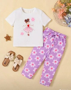2pcs, Cartoon Dancer Graphic Short Sleeve Crew Neck T-shirt + Floral Girls - Picture 1 of 7
