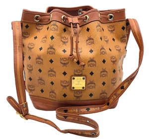 Authentic MCM Visetos Pattern Leather Brown Drawstring Shoulder Bag NS040992 - Picture 1 of 17