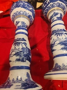 2 Ironstone Victoria Ware   Willow Porcelain Oil Lamps with Wick 15" Tall R730 - Picture 1 of 17