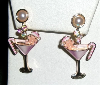 Champagne Christmas Earrings Gingerbread Candy  Cane Enamel  Rhinestone-NEW - Image 1 of 4
