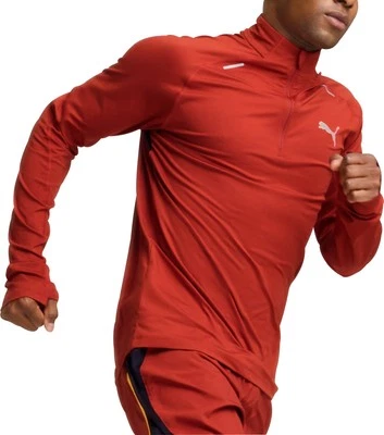 Puma Run Cloudspun Mens Running Top Red Long Sleeve Half Zip Breathable Jogging - Image 1 of 4