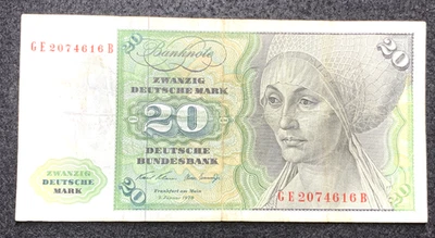 1970- 20 Banknote Zwanzig Deutsche Mark Frankfurt Main Serial GE 2074616B - Image 1 of 4